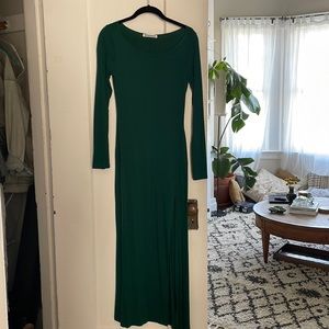 Reformation, dark green jersey fabric dress with slit. Long sleeves, super cozy.